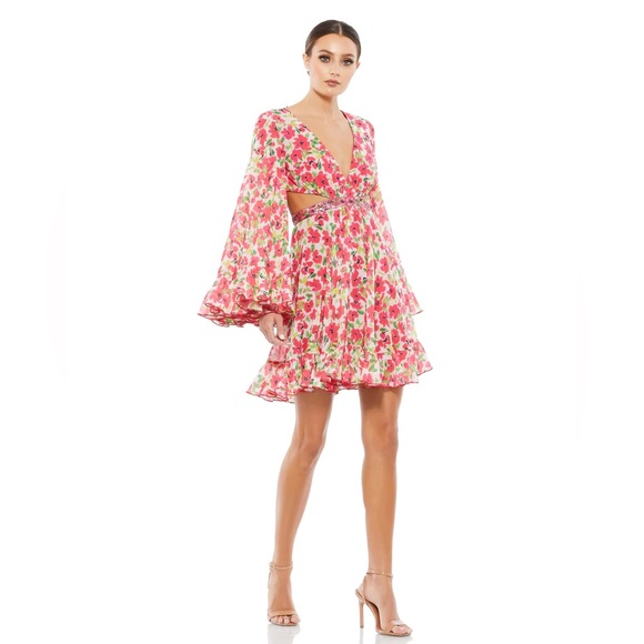 MAC DUGFAL FLORAL CUT OUT V NECK BELL SLEEVE MINI DRESS - Picture 1 of 9